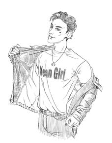 A thin young man opens his leather jacket, revealing a T-shirt that says the words "Mean Girl" across it.