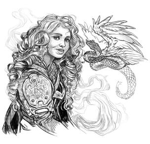 A pretty woman with long, wild hair, and large expressive eyes, sits with her winged viper familiar.