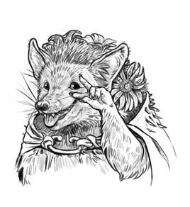 An anthro-hedgehog sticks her tongue out and makes a sign over her eye, being playful and cheeky.