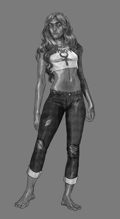 A tall slim girl standing barefoot.