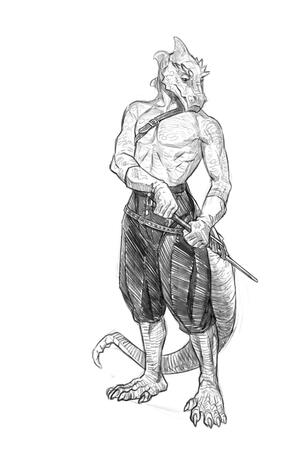 A tall Kobold adjusts the scabbard for his rapier where it hangs from his hip.