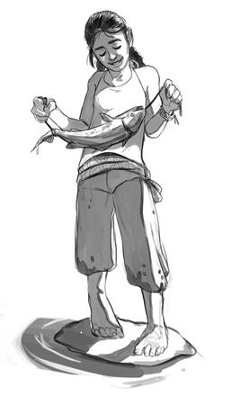 A preteen girl displays the fish she caught proudly while balance on a rock.