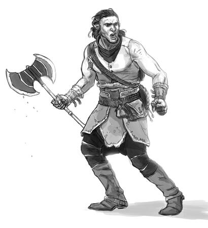 A half-orc half turns to yell something while moving forward, holding a large battleaxe.