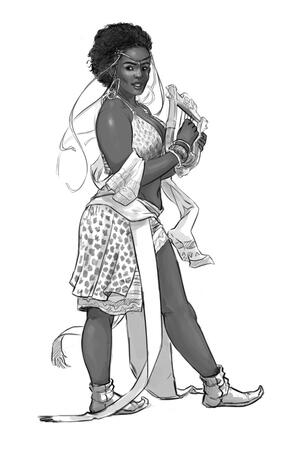 A bard, dressed in clashing patterns, walks and sings, while strumming a lyre-harp.