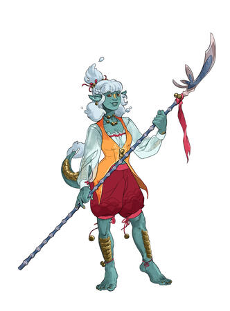 A celestial dragon woman stands, smiling, holding a long polearm.