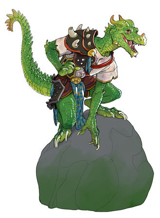 A slim young dragonborn, wearing piecemeal armor, perches on a rock.