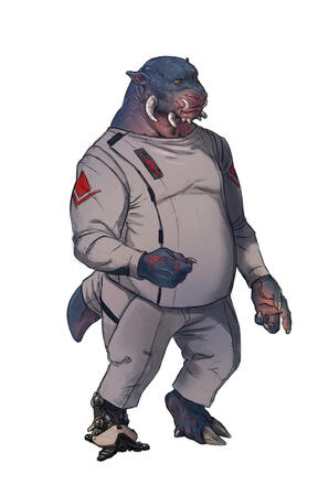 A large alien creature with a prosthetic leg stands as if listening to someone offscreen.