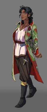 A young woman in loose fitting garb and a colorful coat, stretches her arms and smiles.